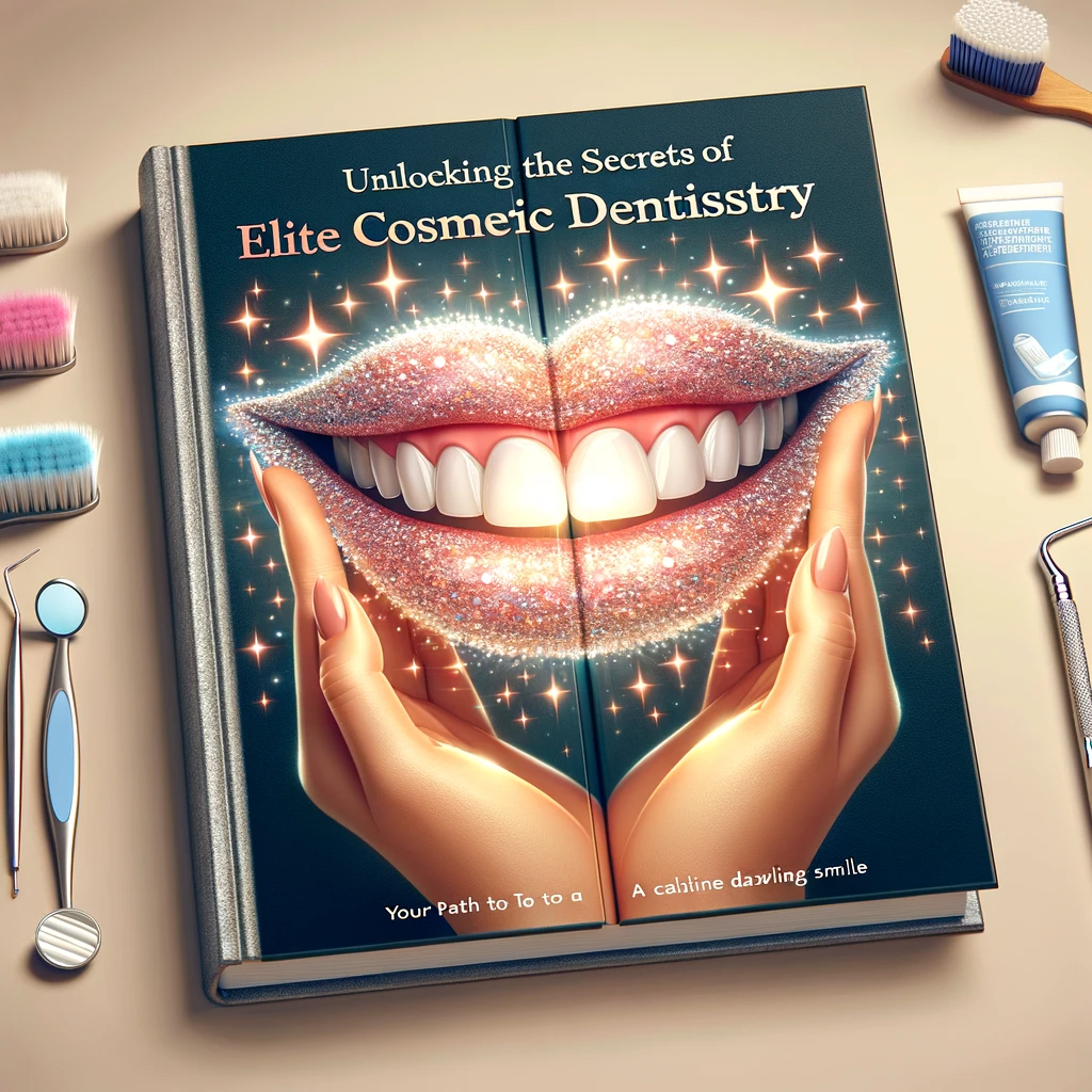 A book cover with pages shaped like a sparkling smile, featuring advanced dental equipment and a mirror image of a perfect smile, set against a soft background with dental imagery.