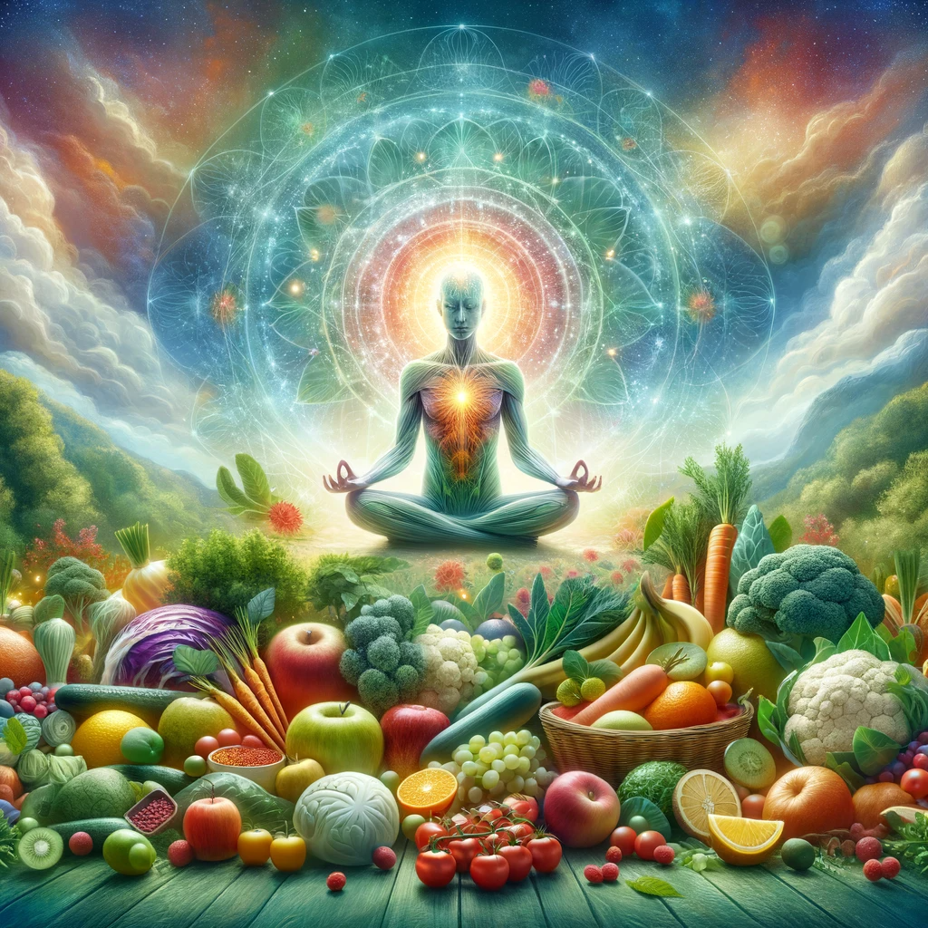 A serene illustration showcasing a human figure in meditation, surrounded by an array of fresh fruits and vegetables in a natural landscape, symbolizing the harmony of nutrition and wellness.