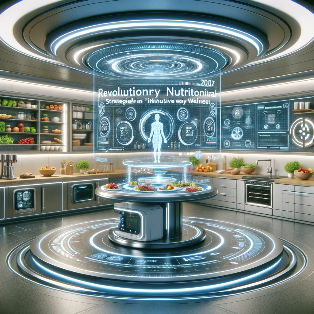 A futuristic kitchen with high-tech appliances and a holographic display of nutritional information, representing advanced nutritional strategies in wellness.